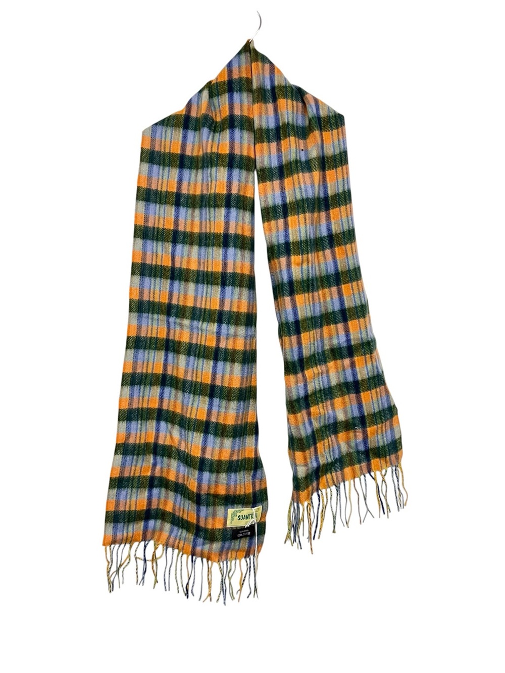 New Suantrai of Ireland Plaid Fringe Scarf in Green, Orange‎ & Blue 100% Wool